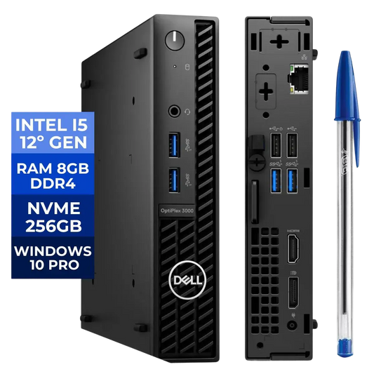 a Dell OptiPax 300 mini PC, which is a small, portable desktop computer. The computer is shown in two different views, with the front side and the back side visible. The front side of the computer displays the Intel 5th generation processor, RAM, and USB ports, while the back side shows the ports and other components. The computer is also accompanied by a blue pen, which is placed next to the computer.