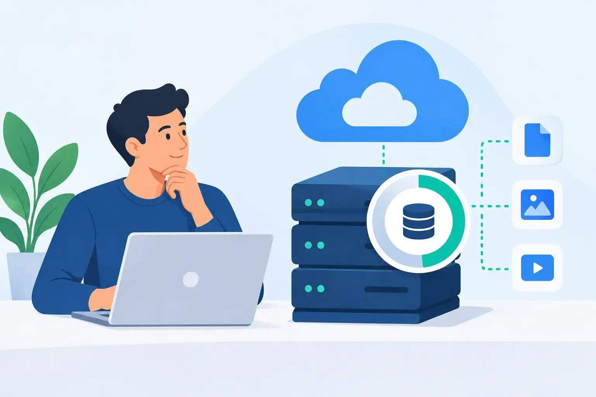 Ilustração digital sobre Como calcular capacidade de storage sem erros, com servidor azul, ícone de banco de dados e nuvem conectada a arquivos.