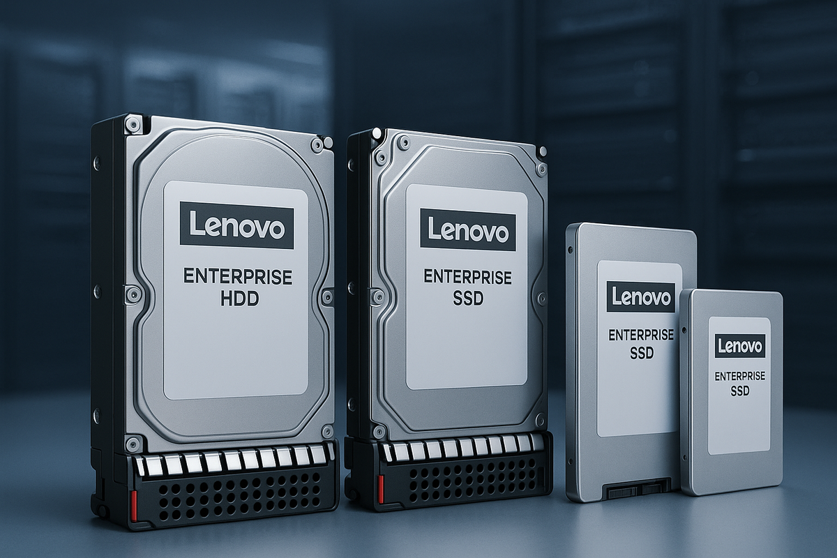 Discos Rígidos Lenovo e SSDs corporativos em tons de prata, com carcaça metálica e etiquetas Enterprise HDD e SSD.