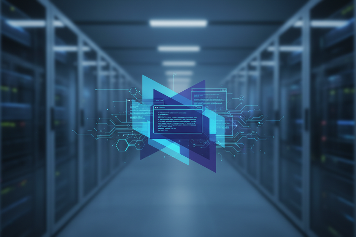 Sistemas operacionais enterprise representados por uma interface digital azul com código e circuitos sobre servidores corporativos.