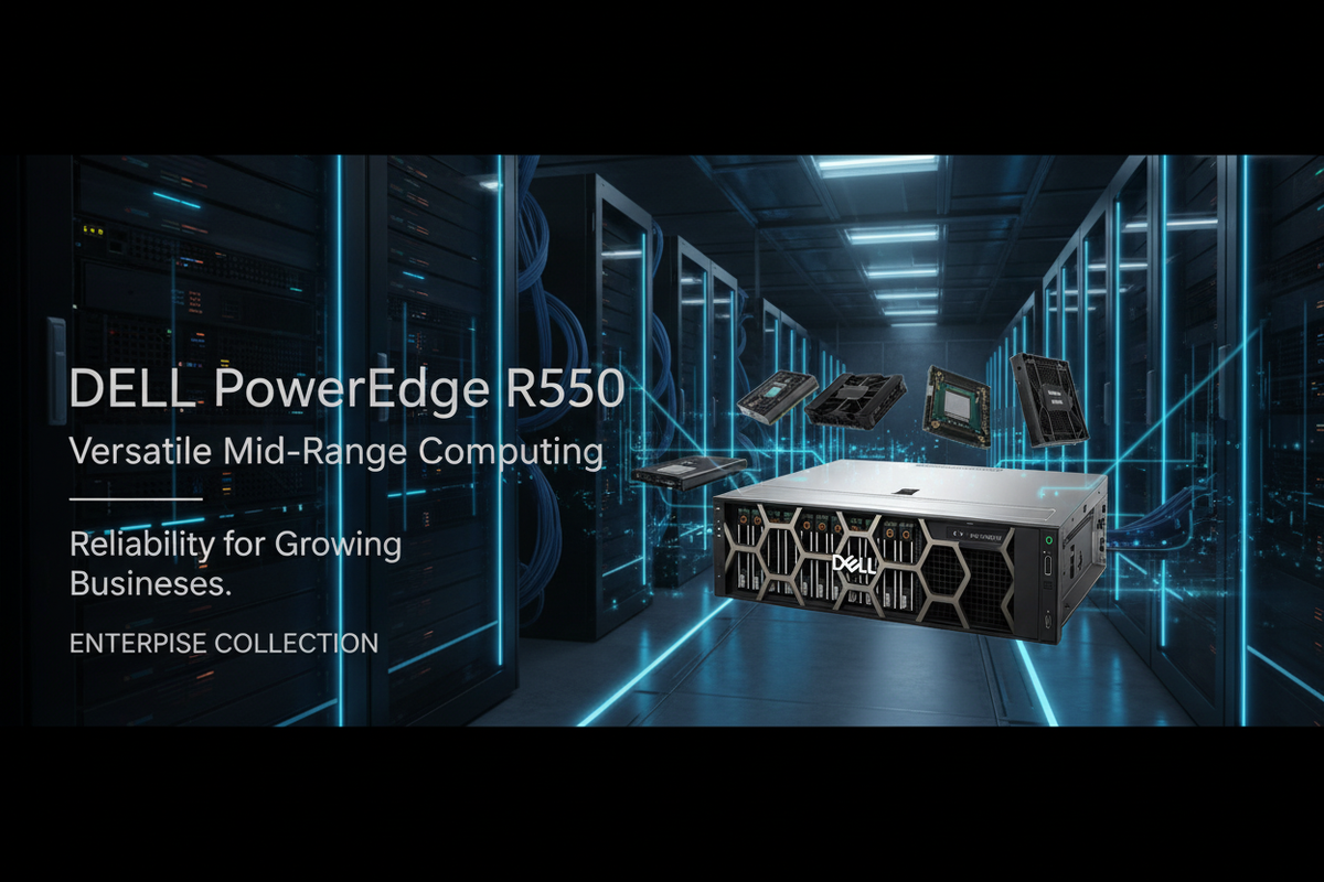 Servidor Dell PowerEdge R550 em rack, com gabinete metálico preto e grade frontal perfurada, acompanhado de componentes exibidos ao lado.