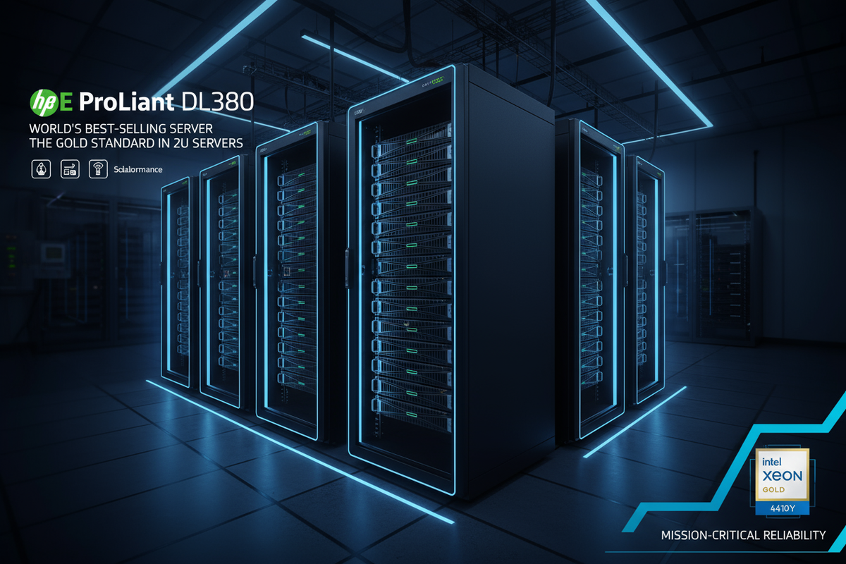 Servidor HPE ProLiant DL380 em rack, preto, com estrutura metálica e portas frontais com detalhes azuis e vários compartimentos.