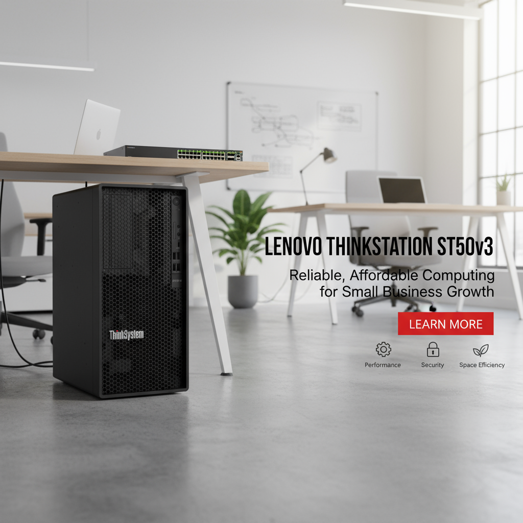 Servidor Lenovo ThinkSystem ST50v3 em torre preta, com gabinete compacto de frente perfurada e detalhes em malha.