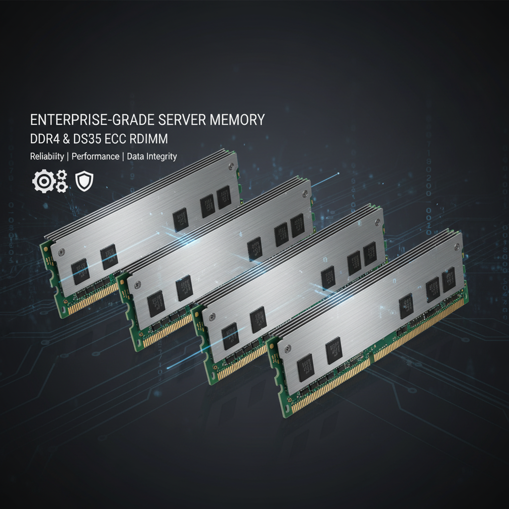 Memórias DDR4 ECC em módulos RDIMM prateados, com chips pretos, contatos dourados e bordas verdes