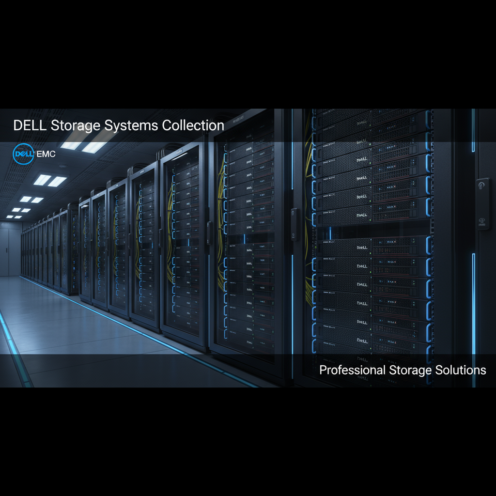Storage Dell ME preto, com racks metálicos de servidores em fileiras e detalhes azuis, exibindo equipamentos Dell EMC.