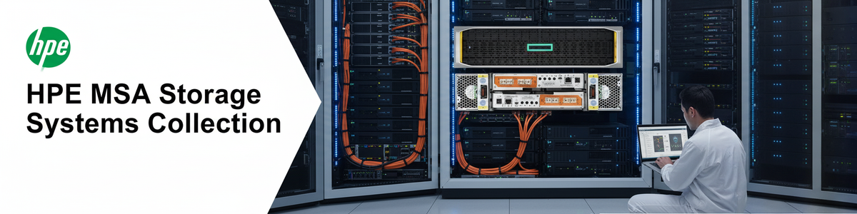 Storage HPE MSA em rack preto, com equipamentos de armazenamento prateados, cabos laranja e logotipo HPE verde.