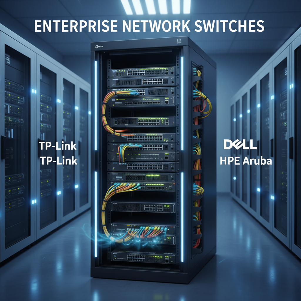 Switches gerenciáveis HPE Aruba em rack preto, com portas de rede, indicadores luminosos e cabos coloridos conectados.