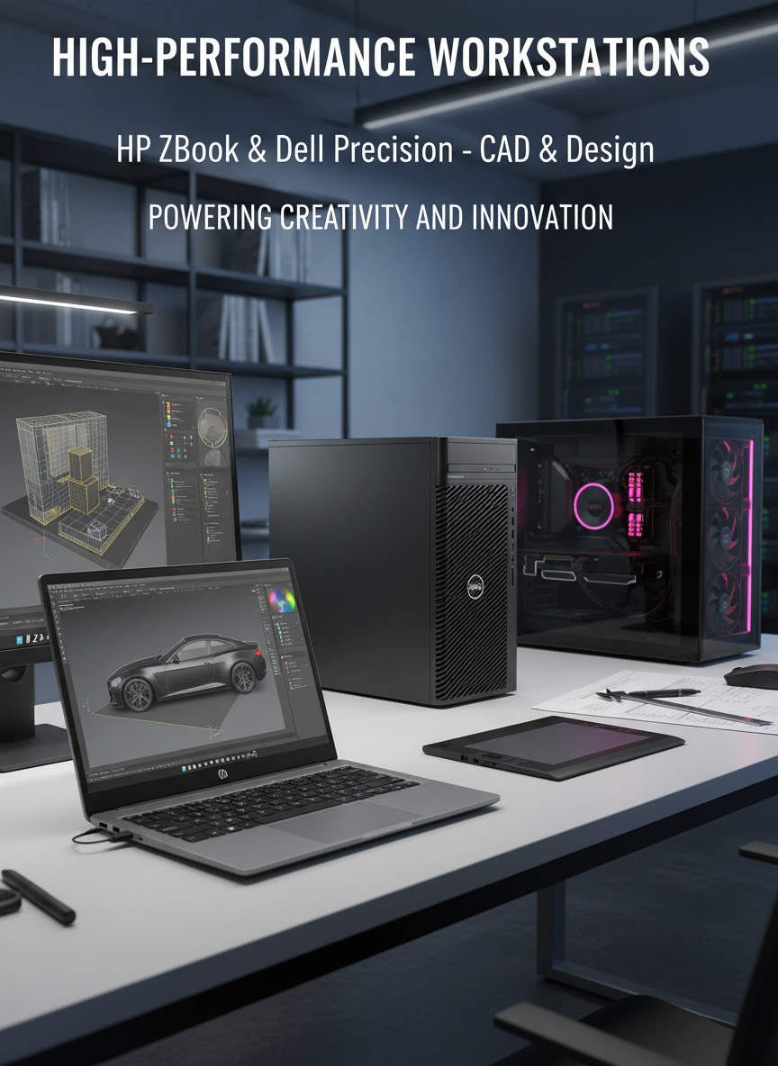 Workstations de alta performance com computadores HP e Dell pretos, laptop com projeto CAD e gabinete iluminado em rosa