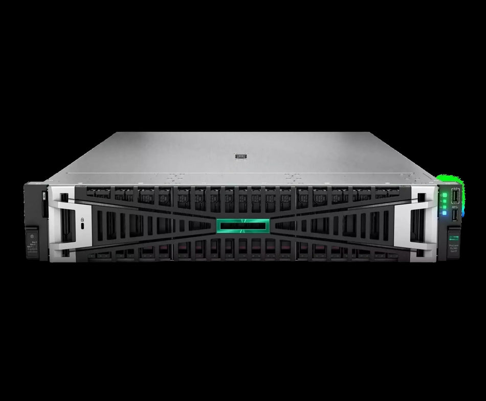 A large, metallic server rack with a green light on the front, set against a black background.