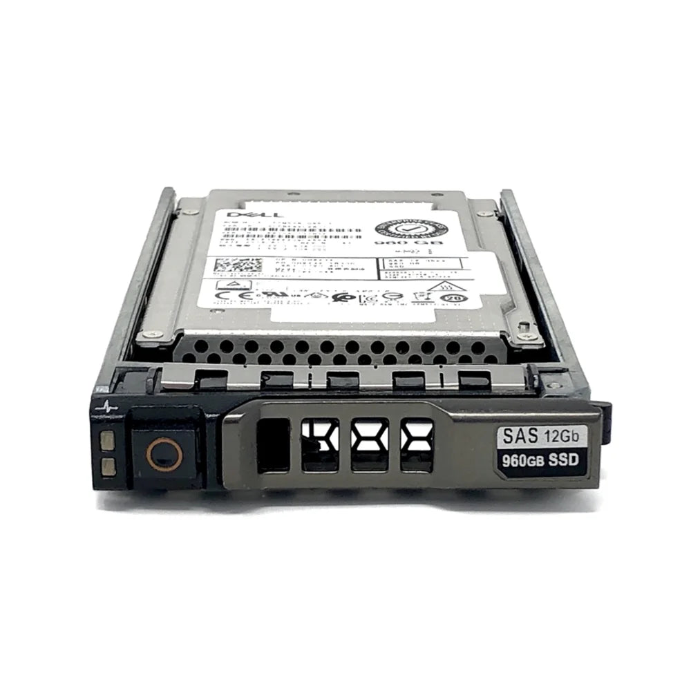 A Dell server's hard drive with a label indicating it is a SAS 1236 900bs SSD.