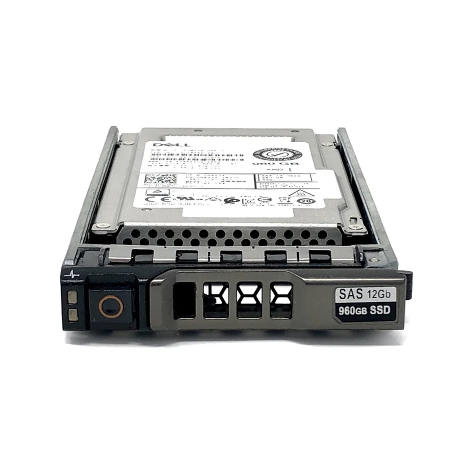 A Dell server's hard drive with a label indicating it is a SAS 1236 900bs SSD.