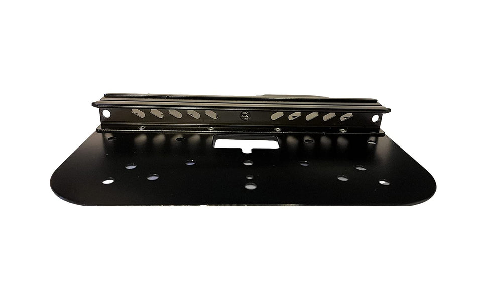 a black metal plate with holes, likely used for mounting or securing objects.