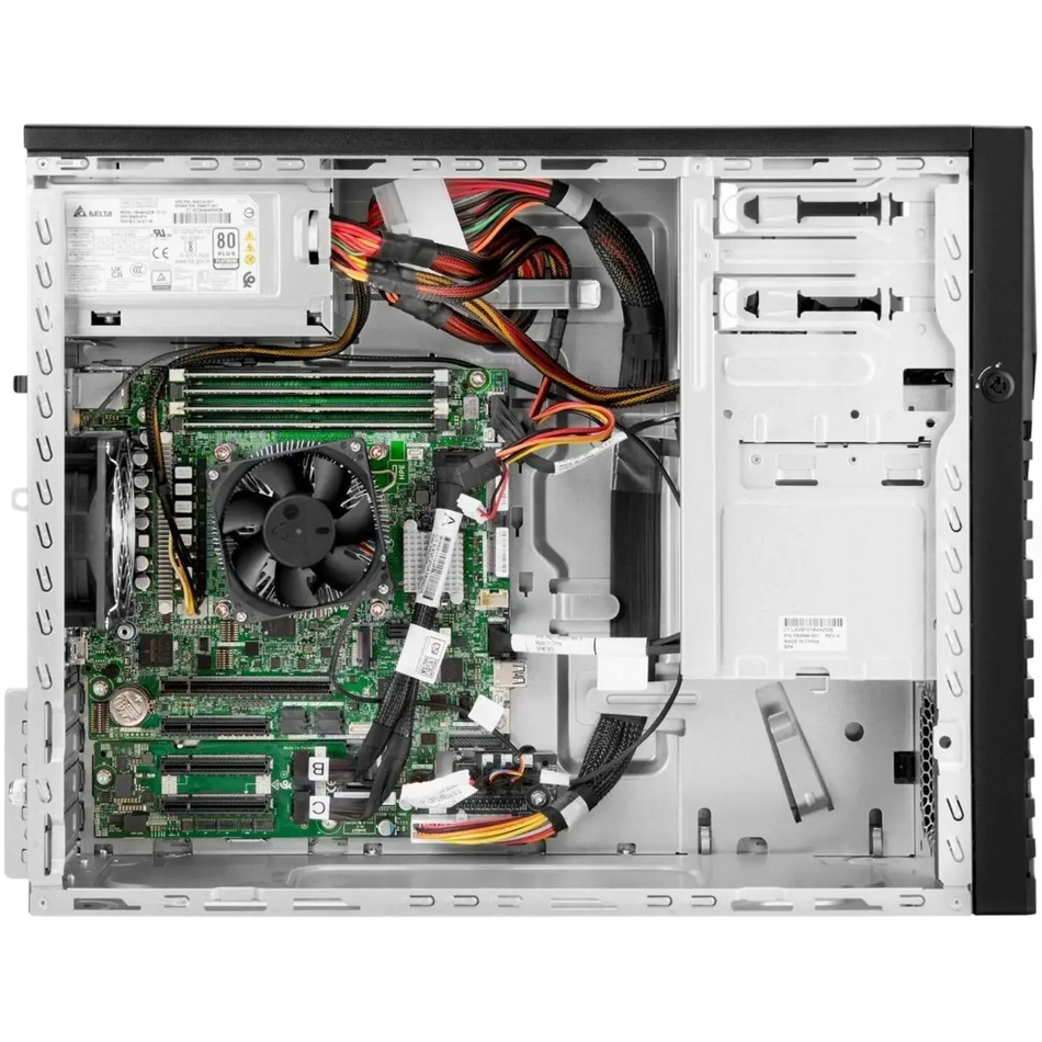 the internal components of a computer, including a motherboard, CPU, and various cables and wires.