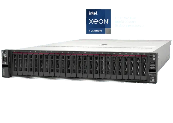 Lenovo SR650v3 server featuring Intel Xeon Platinum with multiple drive bays and advanced computing capabilities.