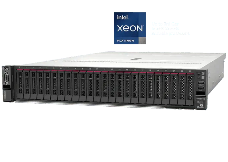 Servidor Lenovo ISG SR650v3 com processador Intel Xeon Silver 4410Y, 32GB RAM e capacidade para 8 discos.