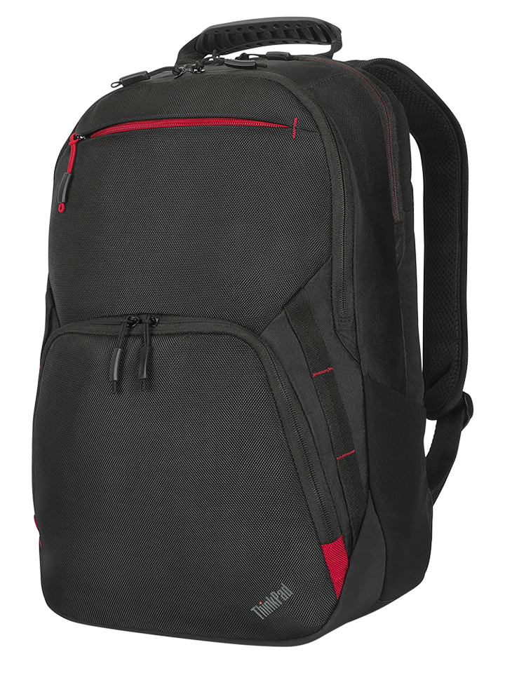 a black backpack with red accents