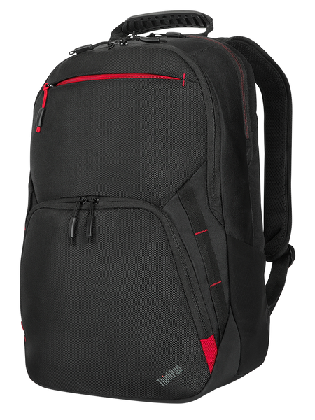 a black backpack with red accents