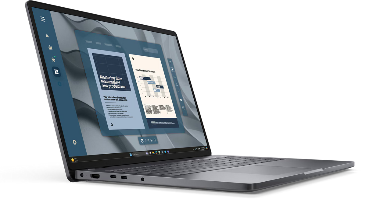 a laptop computer with a screen displaying a presentation or document with various elements such as text, charts, and icons.