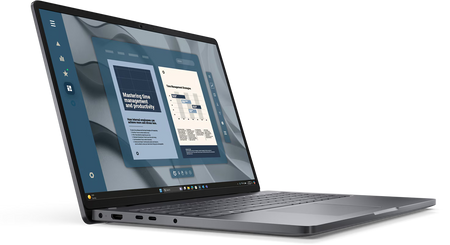 a laptop computer with a screen displaying a presentation or document with various elements such as text, charts, and icons.