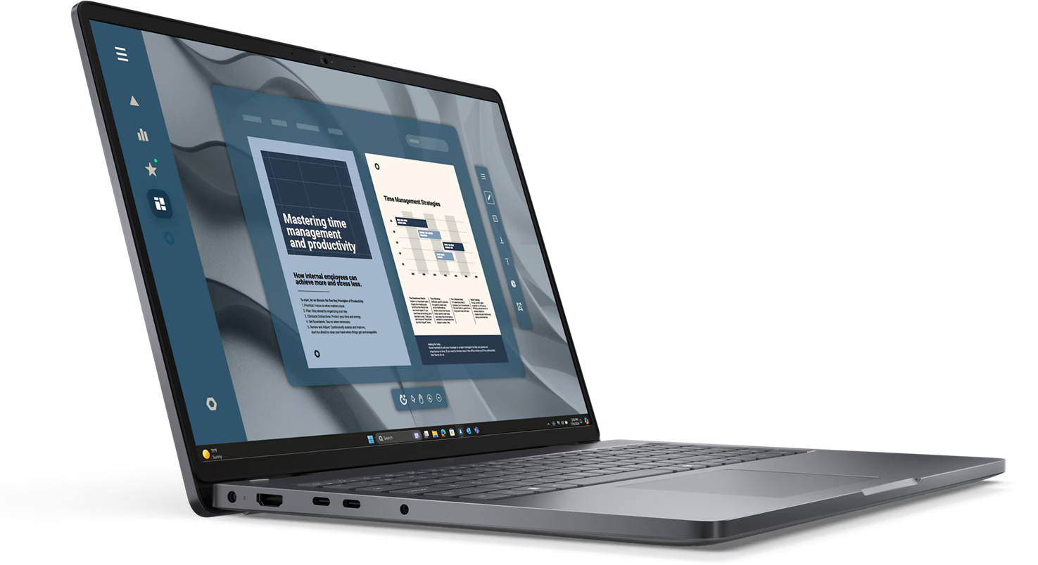 a laptop computer with a screen displaying a presentation or document with various elements such as text, charts, and icons.