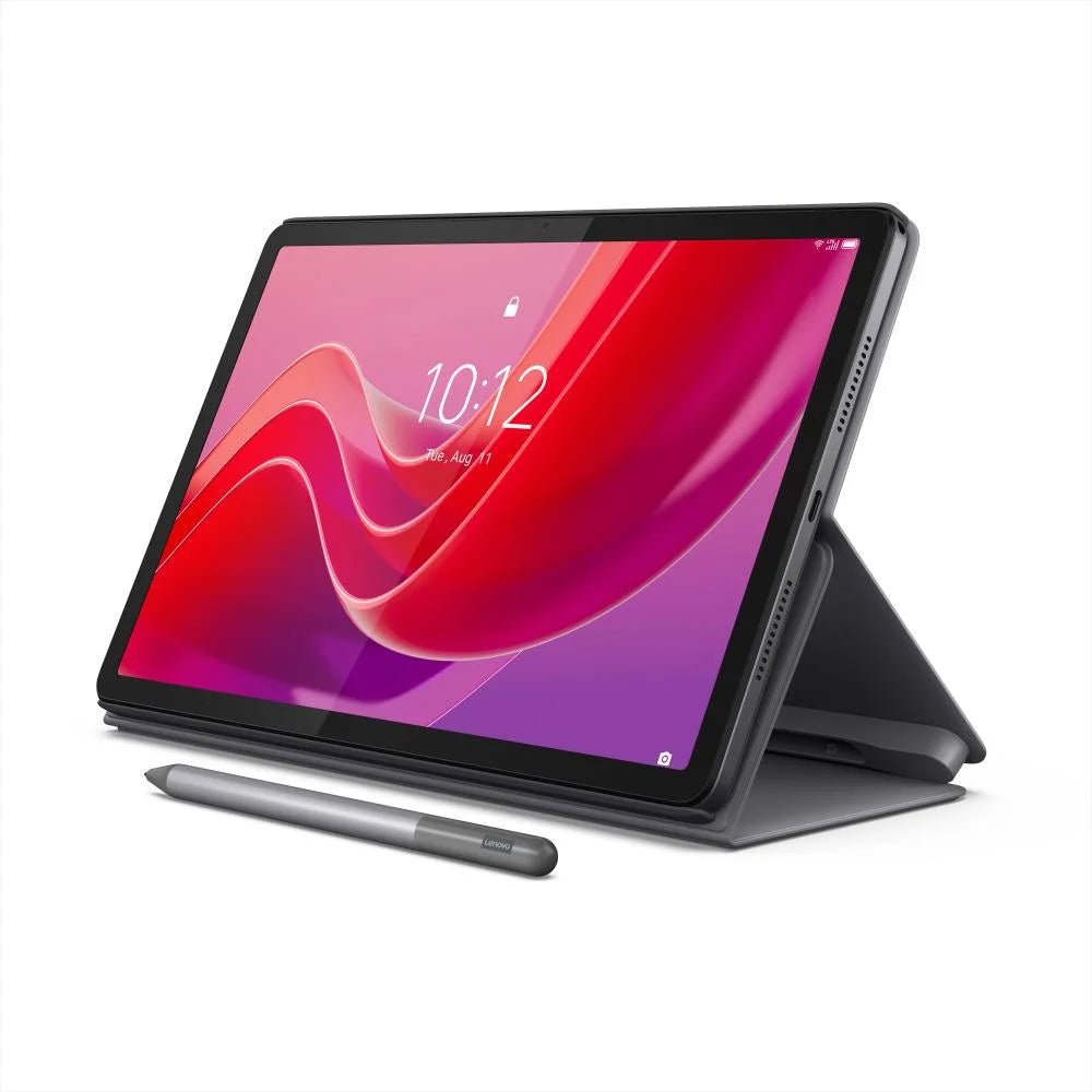 a tablet computer with a stylus and a stand, displaying a vibrant pink and purple color scheme on its screen.