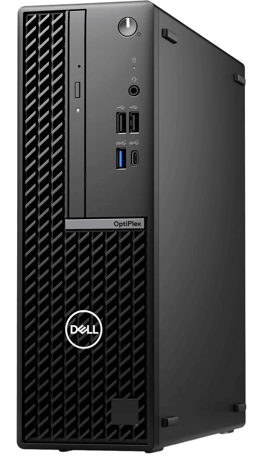 a Dell OptiPlex desktop computer tower, which is a black Dell computer tower with a Dell logo on the front.