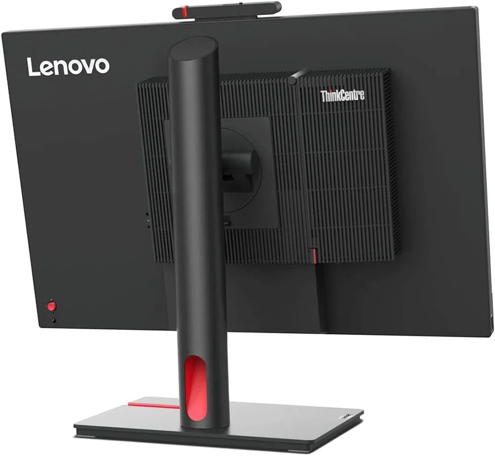 a Lenovo ThinkCentre computer monitor with a black and red color scheme.