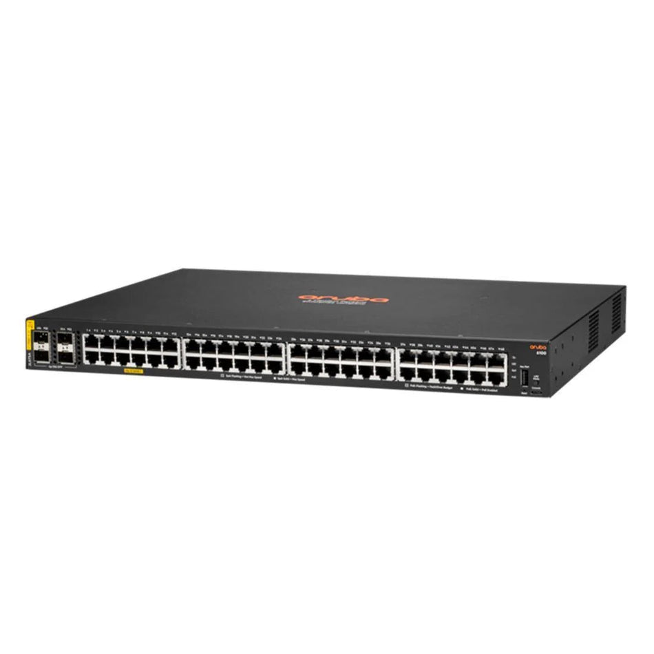a black and gray networking device, likely a router or switch, with multiple ports and connections.