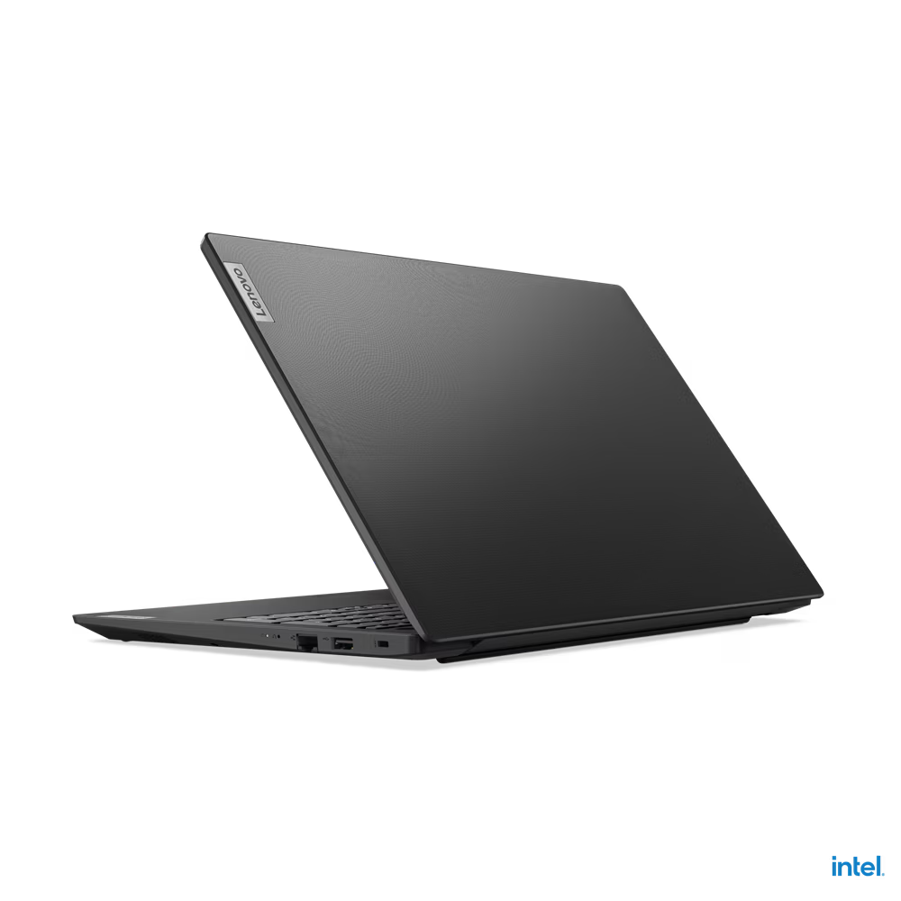 A black laptop computer is shown against a black background.