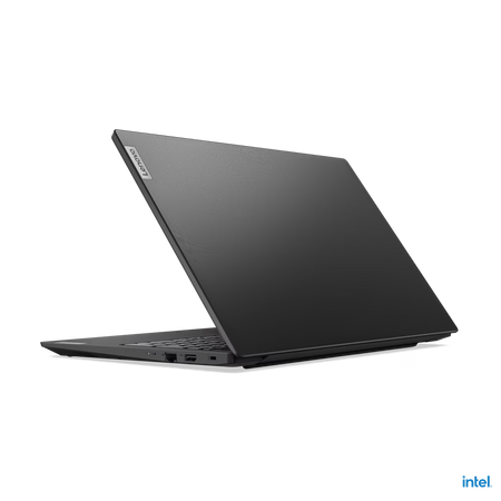 A black laptop computer is shown against a black background.