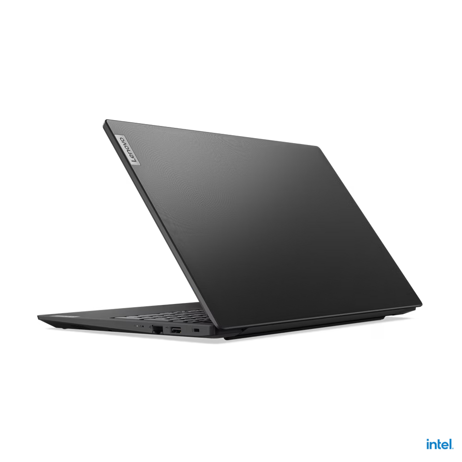 A black laptop computer is shown against a black background.