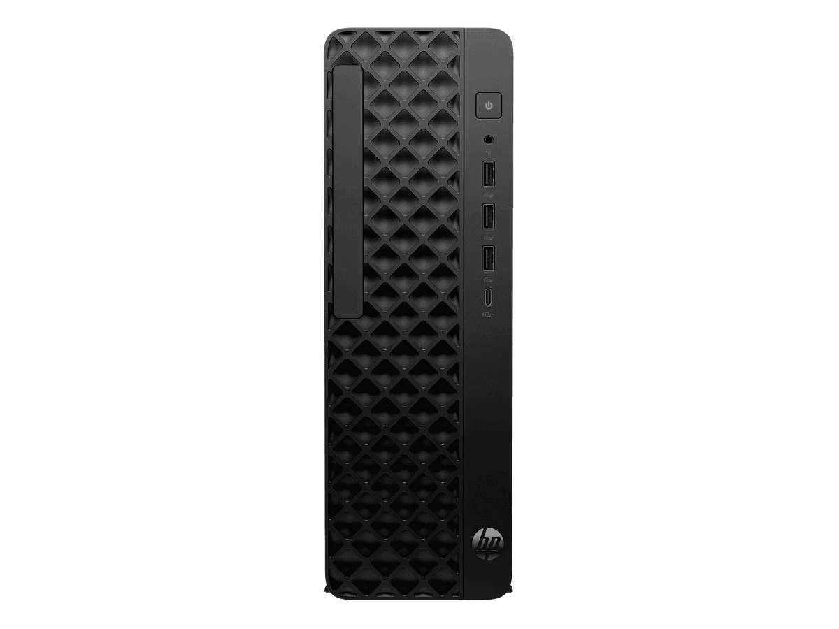 Desktop HP EliteBoard G1a preto, compacto e vertical, com carcaça texturizada em padrão geométrico e portas frontais visíveis.