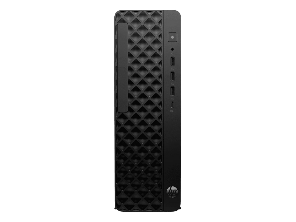 Desktop HP EliteBoard G1a preto, compacto e vertical, com carcaça texturizada em padrão geométrico e portas frontais visíveis.