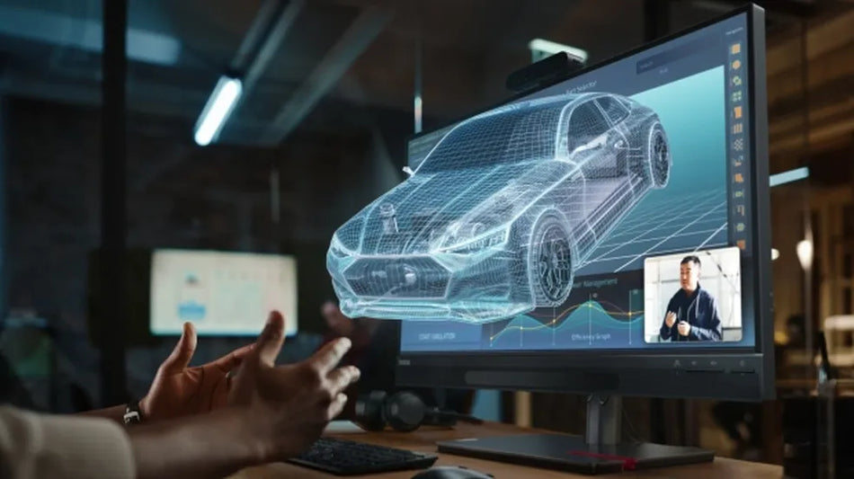 A person's hands are gesturing towards a computer monitor displaying a 3D rendering of a car.