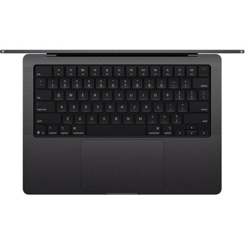 MacBook Pro 14 M5 preto-espacial, de alumínio, com teclado preto e amplo trackpad integrado.