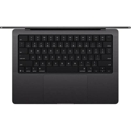 MacBook Pro 14 M5 preto-espacial, de alumínio, com teclado preto e amplo trackpad integrado.