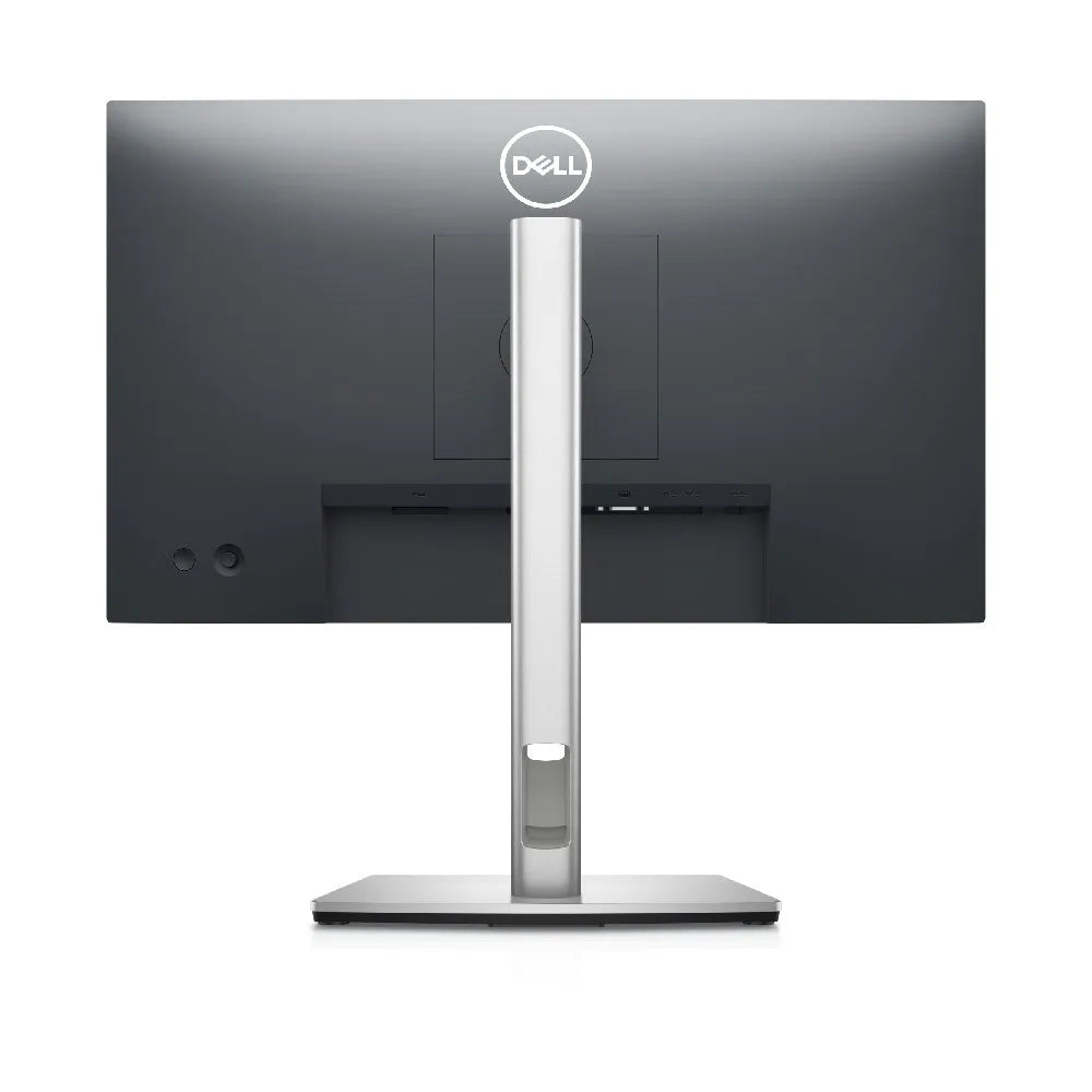 the back of a Dell computer monitor, featuring a sleek and modern design with a silver stand and a black screen.