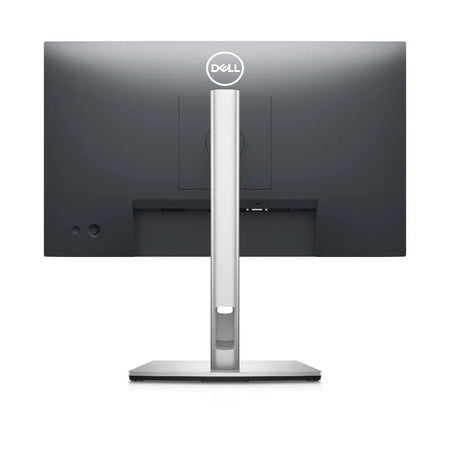 the back of a Dell computer monitor, featuring a sleek and modern design with a silver stand and a black screen.