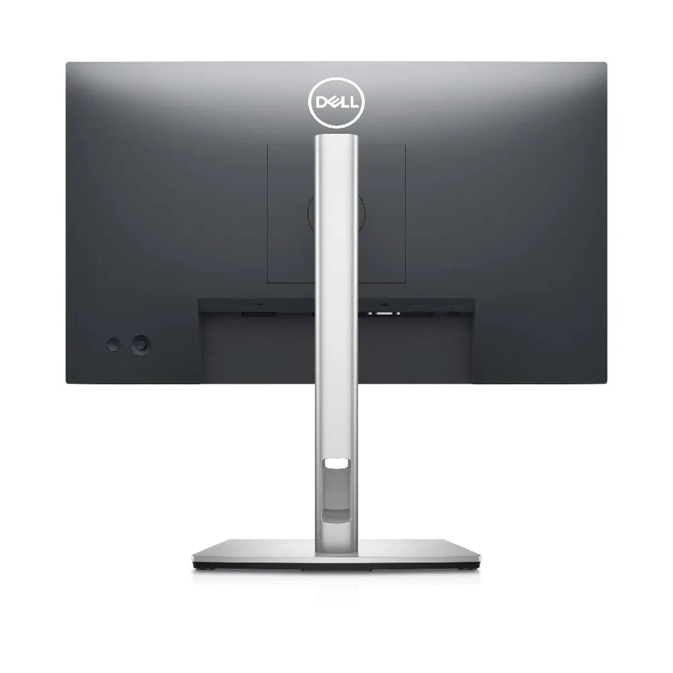 the back of a Dell computer monitor, featuring a sleek and modern design with a silver stand and a black screen.