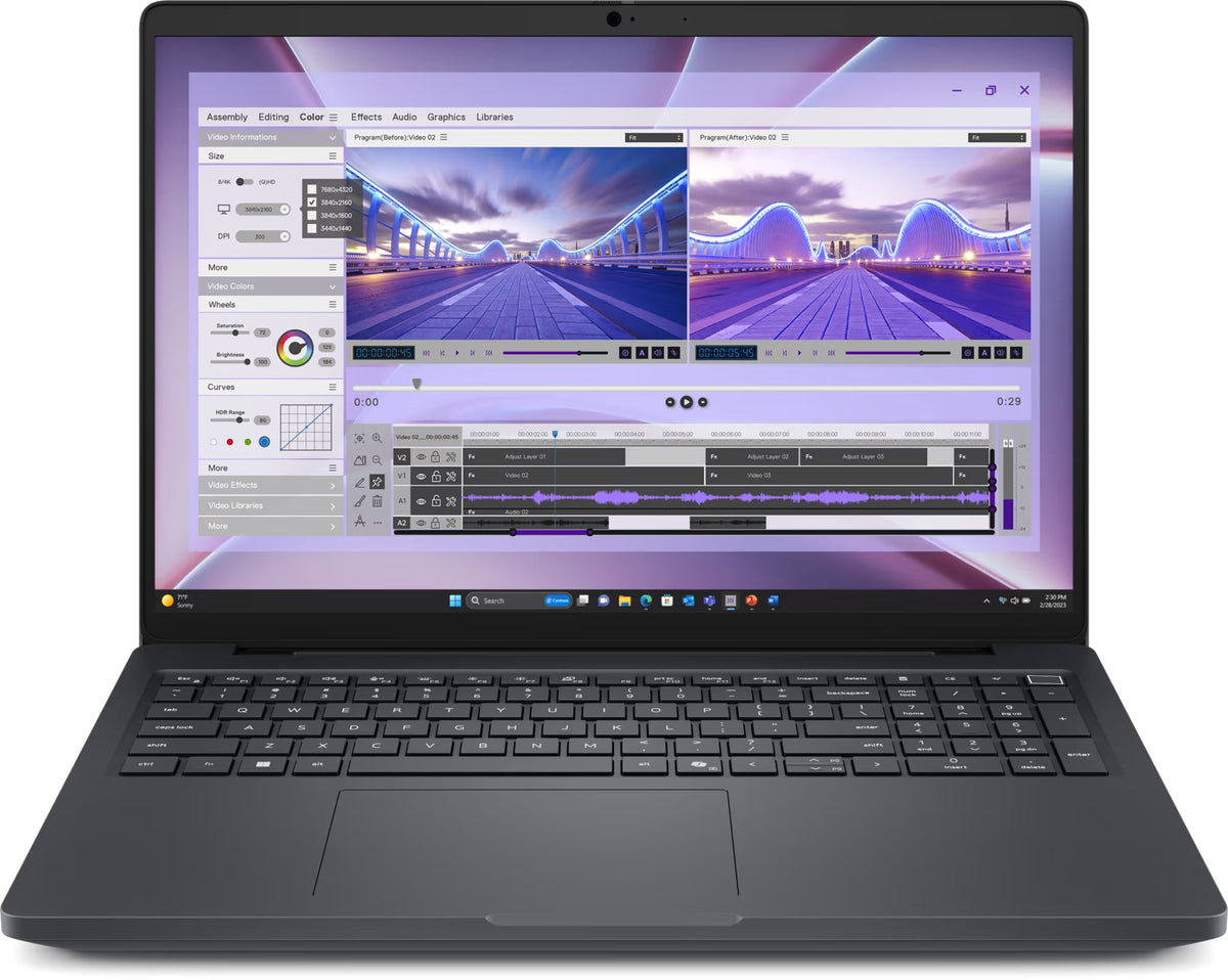 a laptop with a video editing software interface open on its screen. The software interface shows various editing tools and options, including a timeline, timeline effects, and a video player. The laptop is placed on a white surface, and the image does not contain any text.