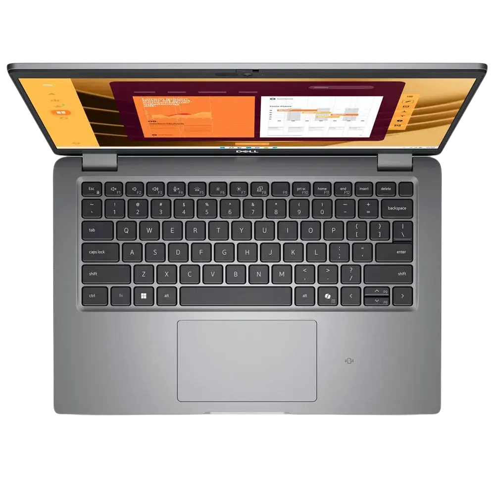 an open laptop computer with a black keyboard and a screen displaying a colorful background with various icons and text.