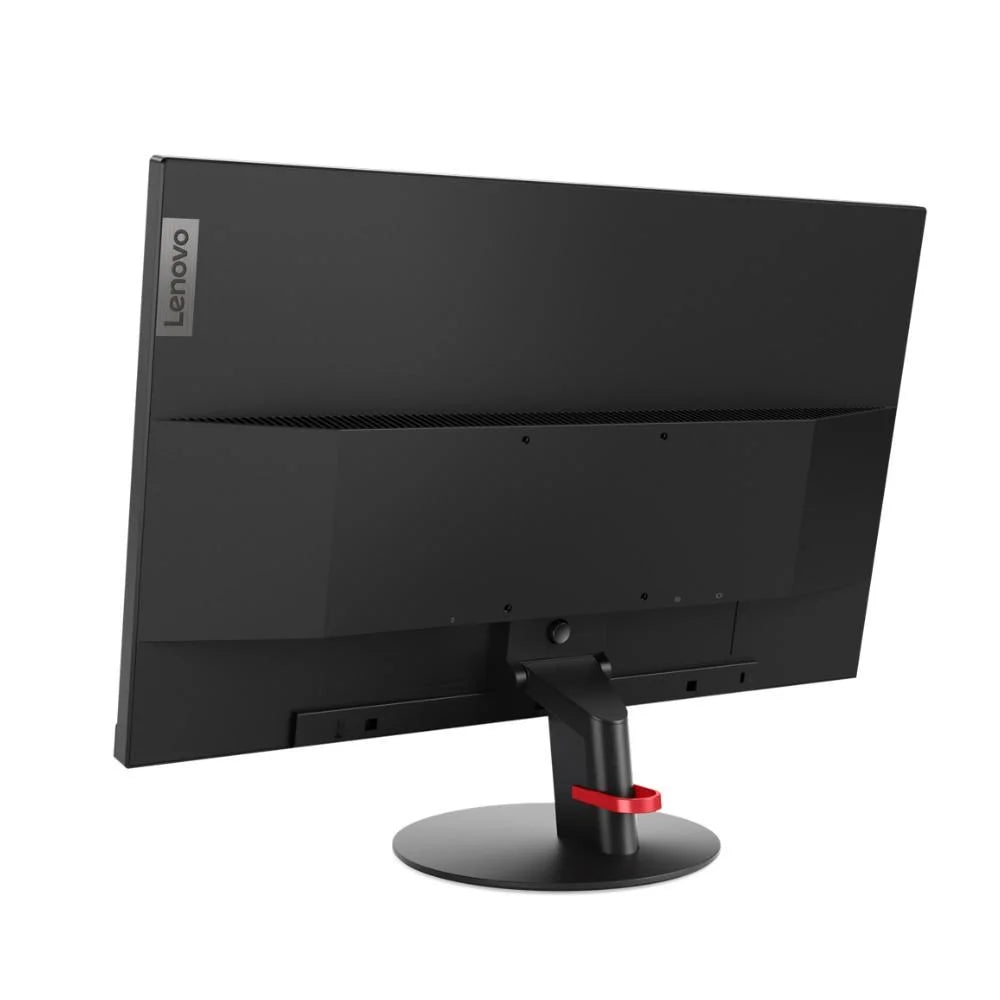 the back of a black computer monitor with a red base stand.