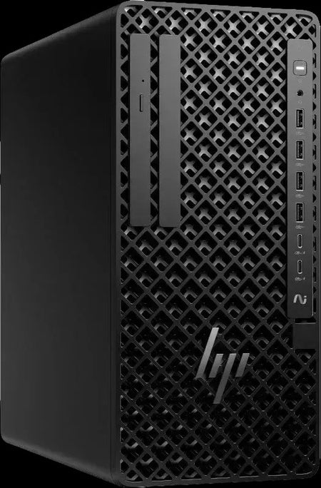 a black HP tower computer with a distinctive lattice pattern on the front.