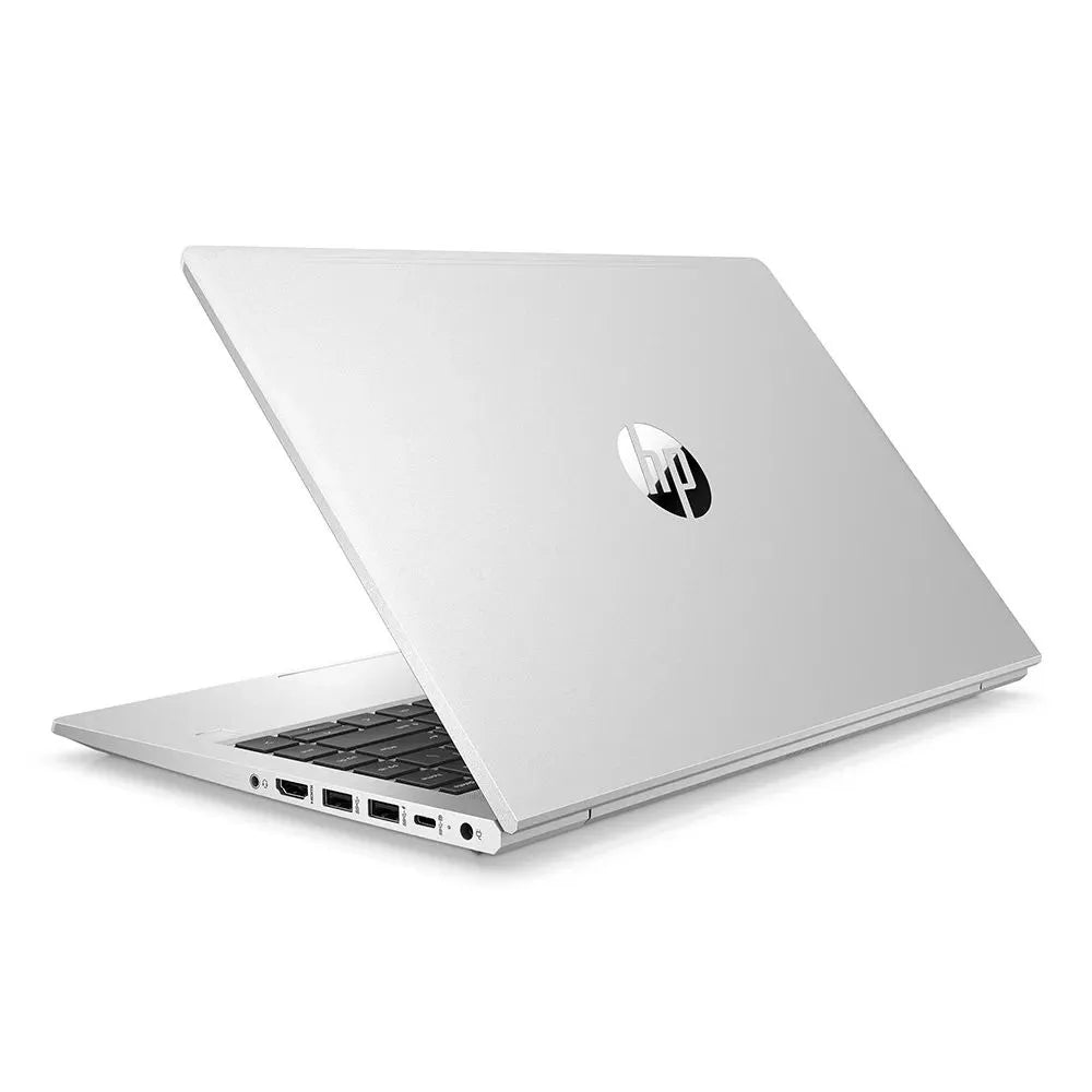 A silver HP laptop with its lid open, revealing the keyboard and trackpad.