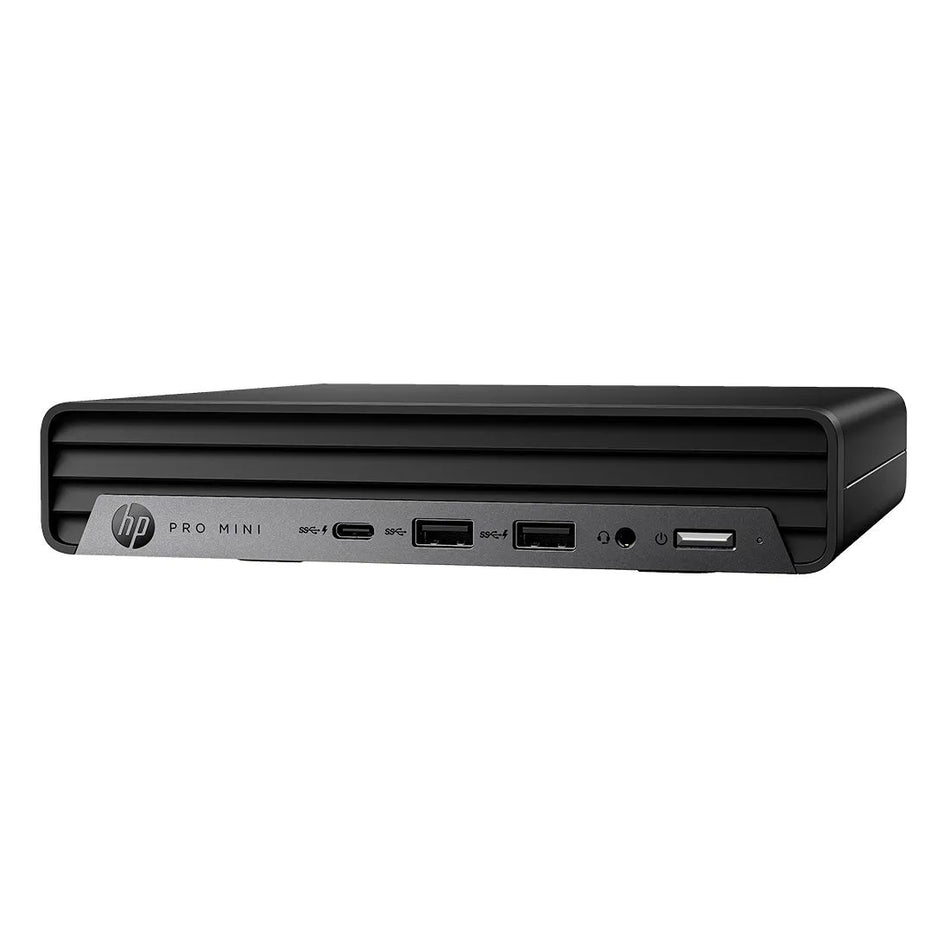 a black HP Pro Mini computer system with various ports and connections visible.