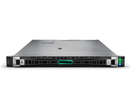 a large, metallic server rack with a green light on the front, indicating it is powered on.