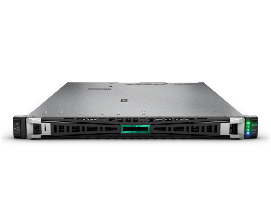 a large, metallic server rack with a green light on the front, indicating it is powered on.