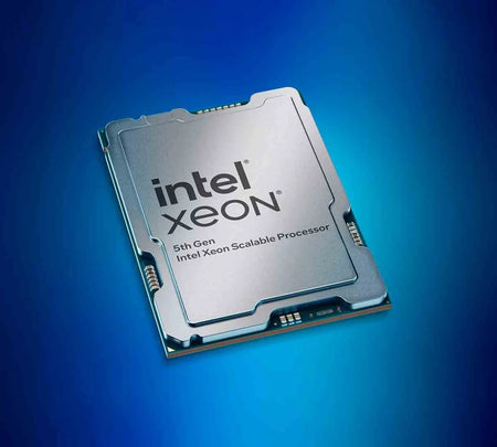 a close-up view of an Intel Xeon 5th Gen Intel Xeon Scalable Processor, a powerful and efficient processor designed for high-performance computing.