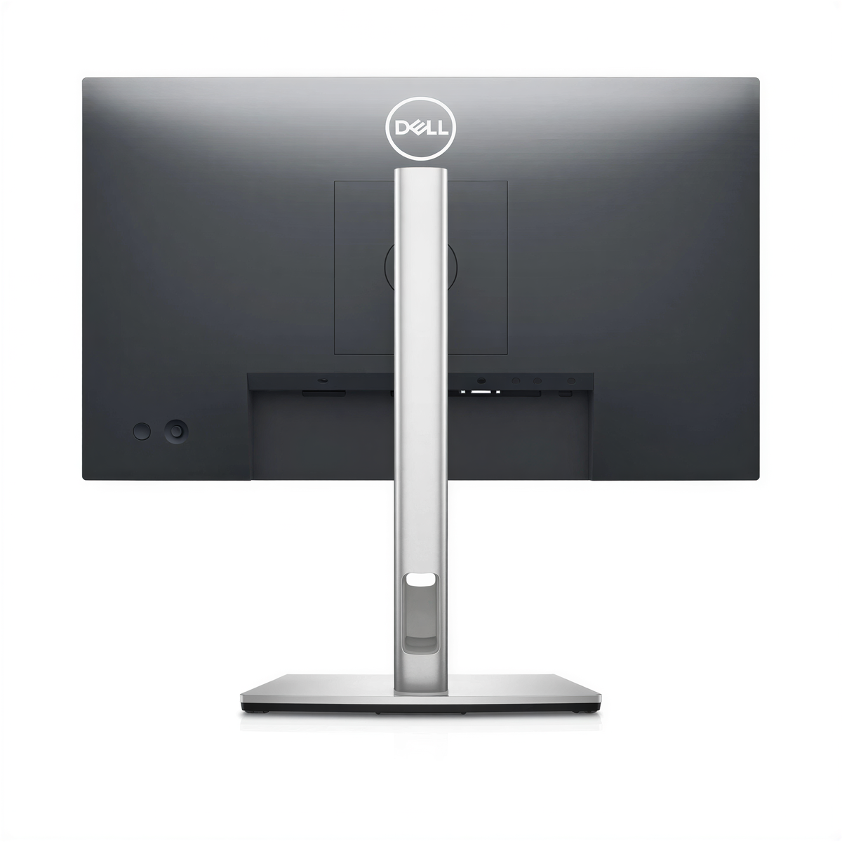 the back of a Dell computer monitor, featuring a sleek and modern design with a silver stand and a black screen.