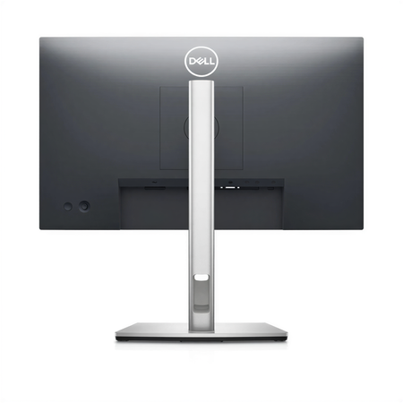 the back of a Dell computer monitor, featuring a sleek and modern design with a silver stand and a black screen.